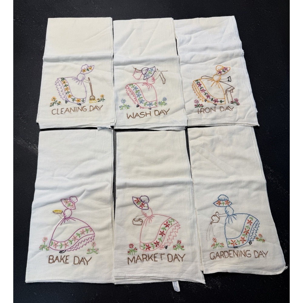 Embroidered Southern Belle Kitchen Towels Set 6 Days of Week 28x30 Cotton